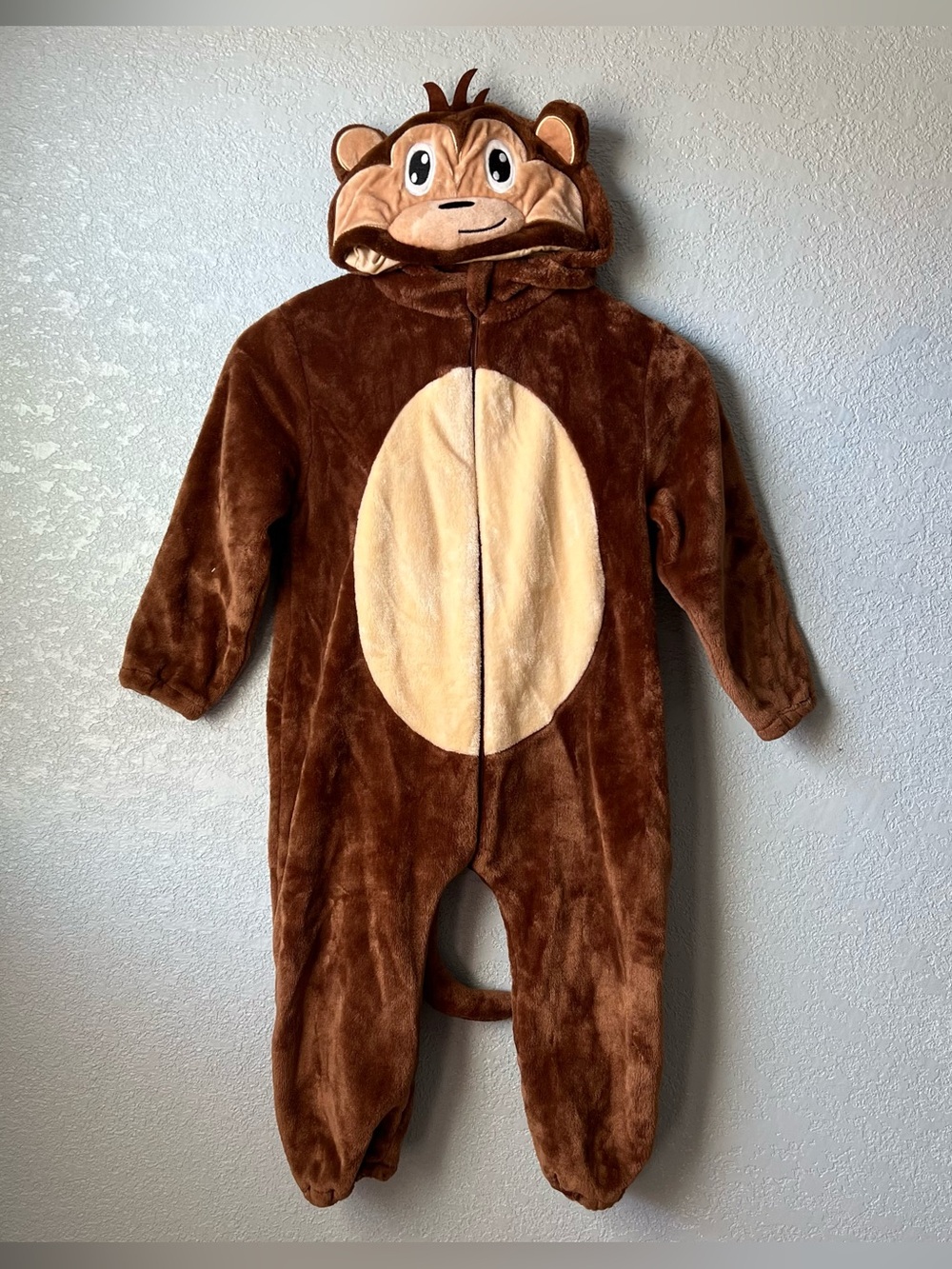 Kids Monkey Costume Size 120 Brown Plush Hooded Full Body Jumpsuit Halloween 5T